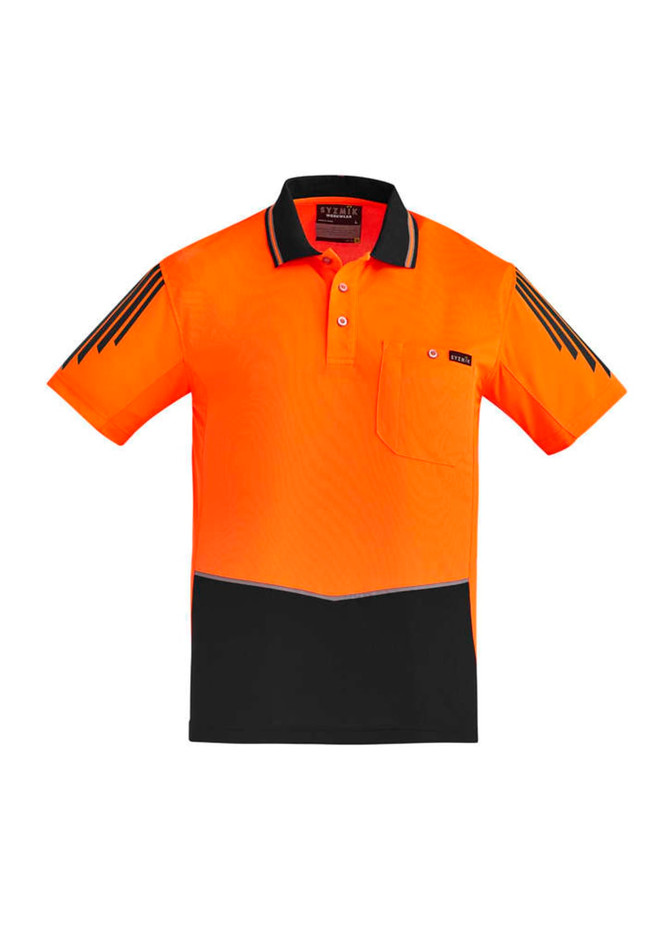 Men's short sleeve polo shirt in bright orange and black, featuring a pocket and logo on the chest.