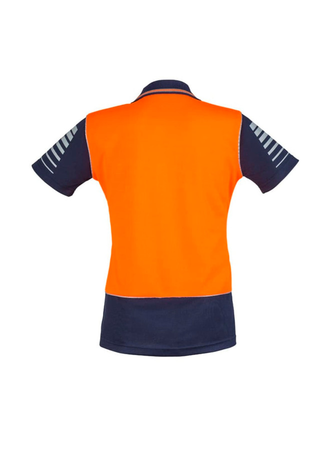 A short sleeve polo shirt featuring a high visibility orange back and navy blue sides, with a logo on the front.
