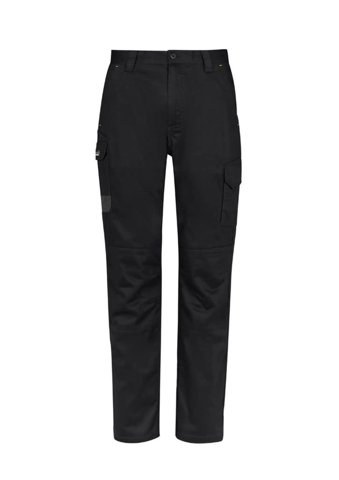 Black men's cargo pants with multiple pockets, featuring a logo. Suitable for summer wear.