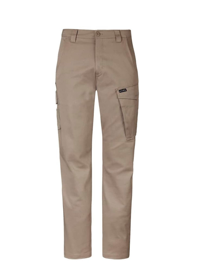 A pair of khaki men's cargo pants featuring multiple pockets and a logo.