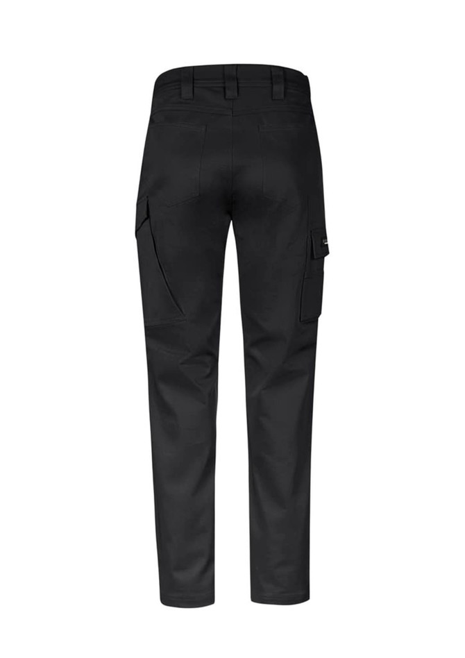 A pair of black men's stretch cargo pants featuring side pockets and a simple logo on the back.