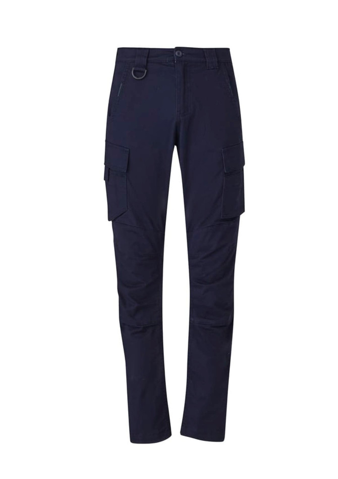 A pair of men's curved cargo pants in navy blue, featuring multiple pockets and a logo.