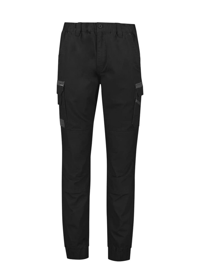 A pair of black cuffed work pants featuring cargo pockets and a logo on the waistband.