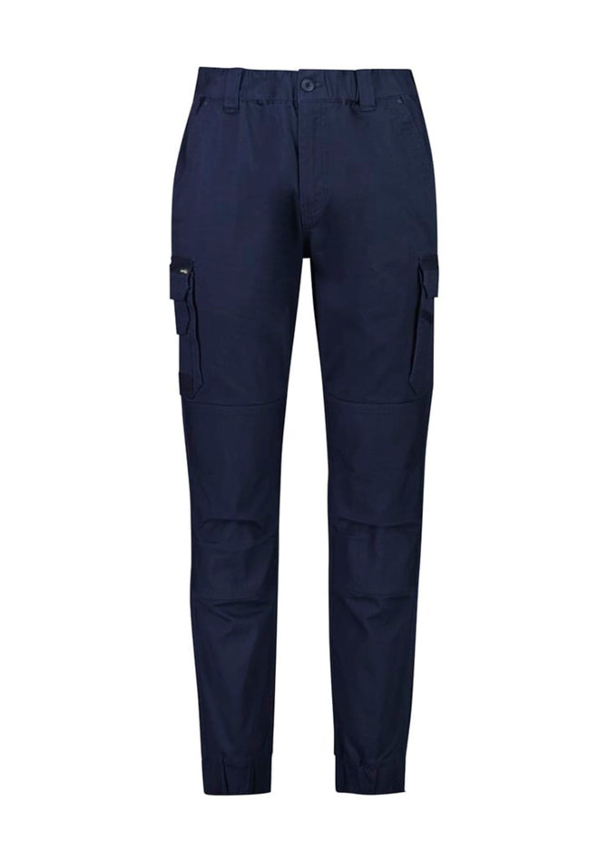 Navy cuffed work pants featuring cargo pockets and a waistband. Includes a logo branding element.