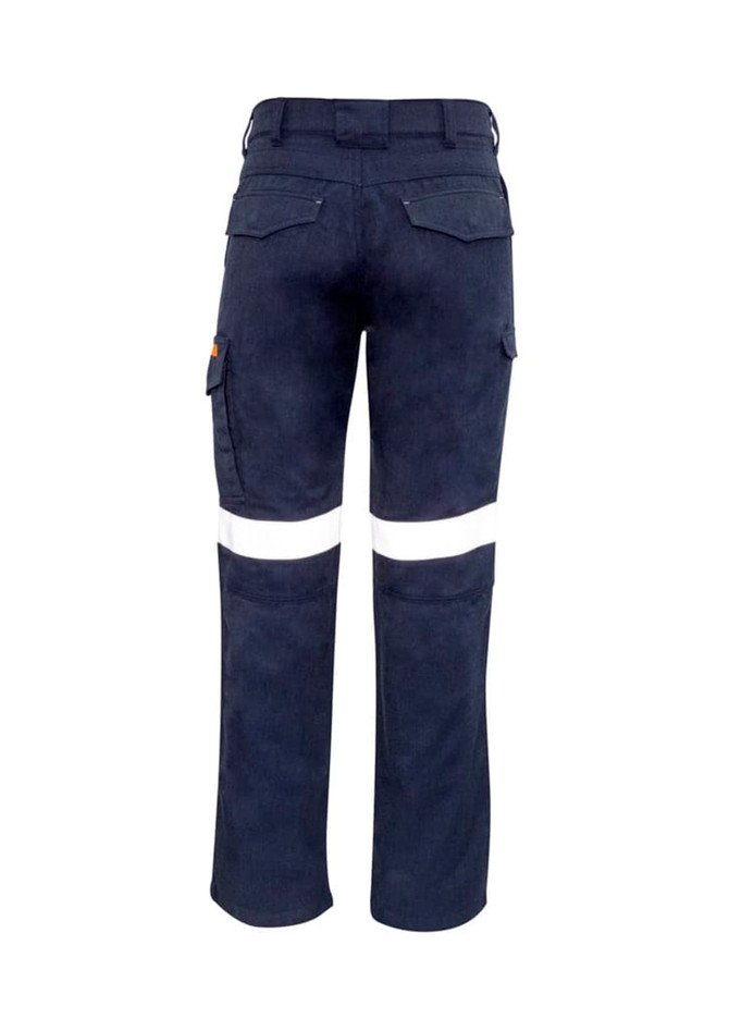 Mens cargo pants in navy blue with reflective white taping and rear pockets. Features an elastic waistband and branding.