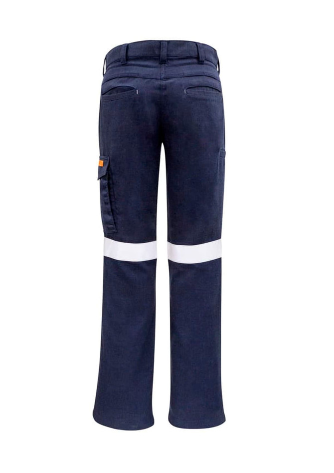 A pair of women's cargo pants in orange and navy, featuring white taped detailing and a logo.