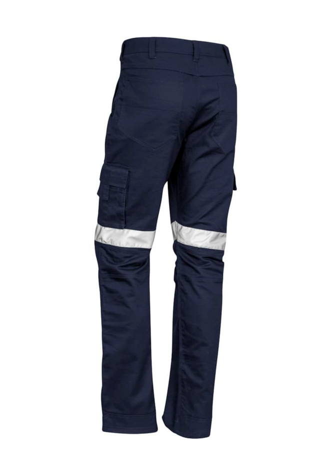 Men's rugged cooling taped pants in navy, featuring reflective tape and cargo pockets. The image shows the back view.