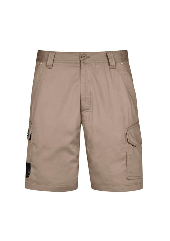 Men's cargo shorts in a khaki colour, featuring multiple pockets and a branded logo.