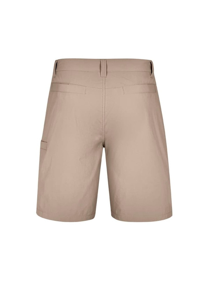 Men's lightweight outdoor shorts in a neutral beige colour, featuring pockets and a logo on the back.