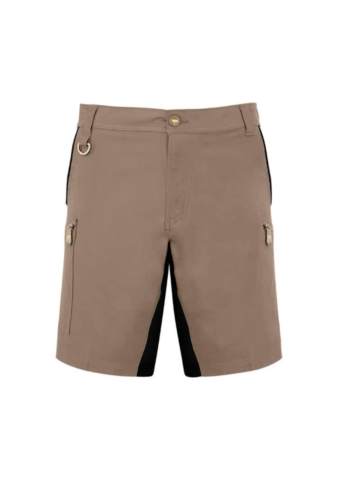 Men’s Streetworx Stretch Short in tan with black accents, featuring side zip pockets and a branded label.