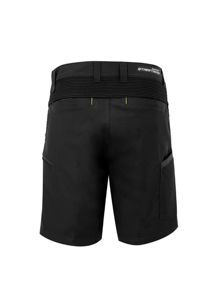 Black men's work shorts featuring a branded logo and pockets for functionality.