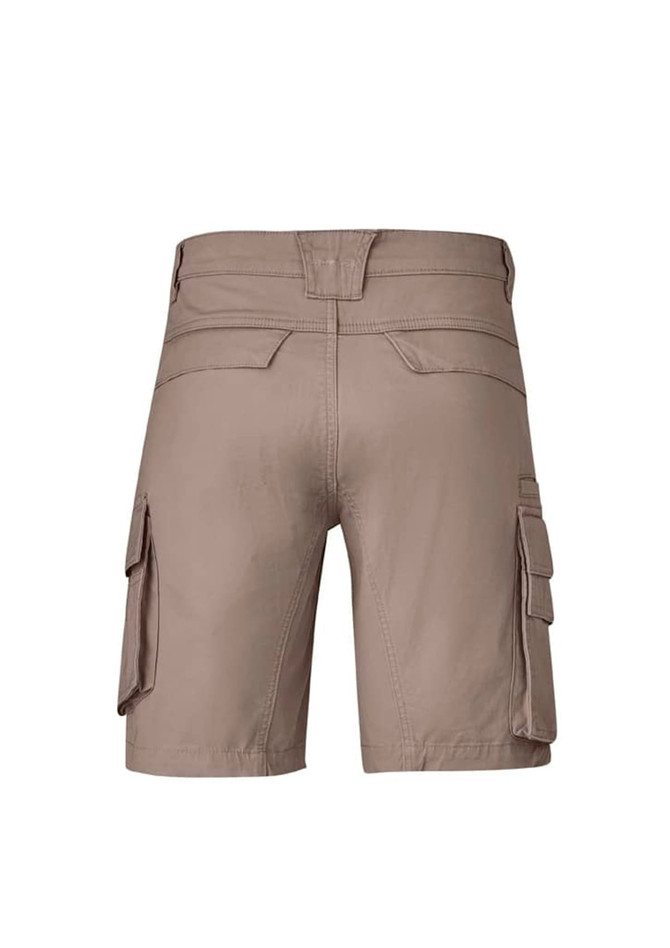 Curved cargo shorts in a light khaki colour, featuring multiple side pockets and a rear design view.