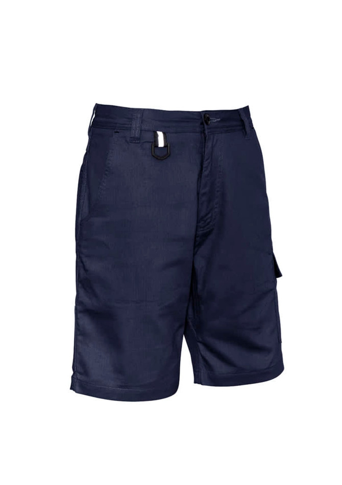 Navy blue men's rugged cooling vented shorts with side pockets and a clip feature. Contains branding.