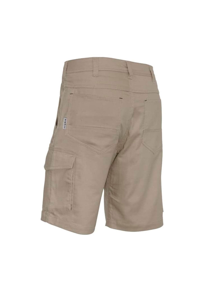 Men's rugged cooling vented shorts in a light khaki colour, featuring pockets and a logo on the side.