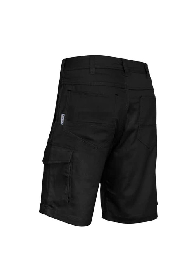 Black men's rugged cooling vented shorts with cargo pockets and a logo on the side. Suitable for casual wear.