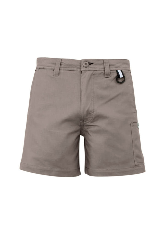 Men's rugged cooling shorts in a light grey colour, featuring a front button closure and a side pocket.