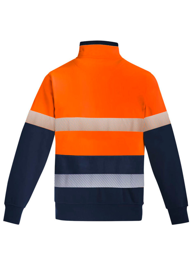 Hi-vis orange and navy fleece pullover with hoop tape detailing and a high collar. Includes a logo on the garment.