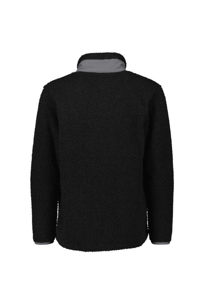 A black unisex full zip sherpa fleece jumper with a grey collar and cuffs, featuring a logo.
