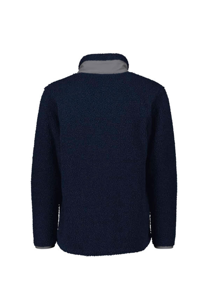 A unisex navy full zip Sherpa fleece jumper with a grey inner collar and a soft textured exterior.
