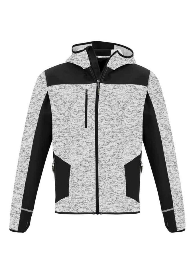 A grey and black unisex reinforced knit hoodie with a zip and pockets, featuring a logo on the chest.
