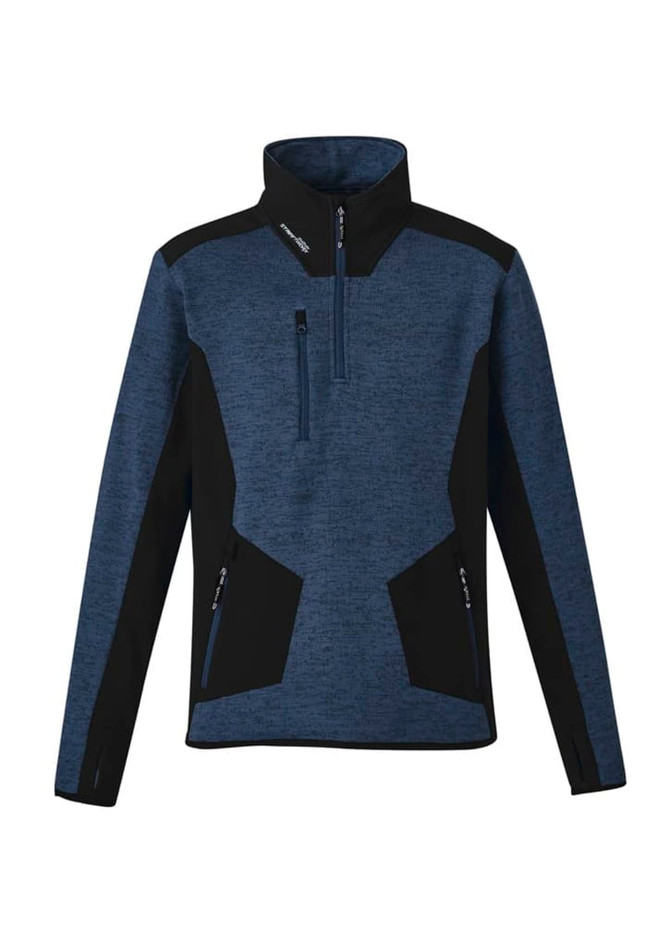A unisex half-zip pullover in navy blue with black accents and a logo. Features zip pockets and reinforced knit design.