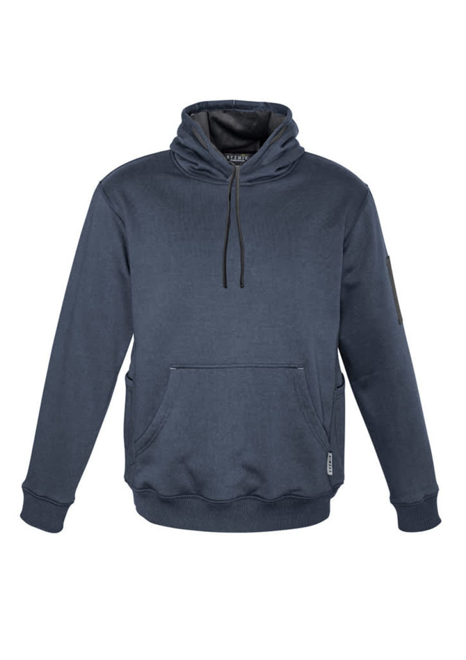 A navy blue unisex hoodie featuring multiple pockets and a hood, with a logo on the sleeve.