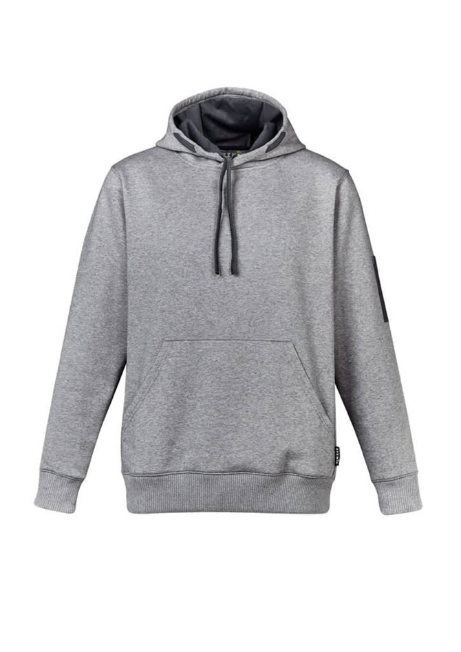 A grey unisex multi-pocket hoodie featuring a front pocket and drawstring hood. Contains a logo on the sleeve.