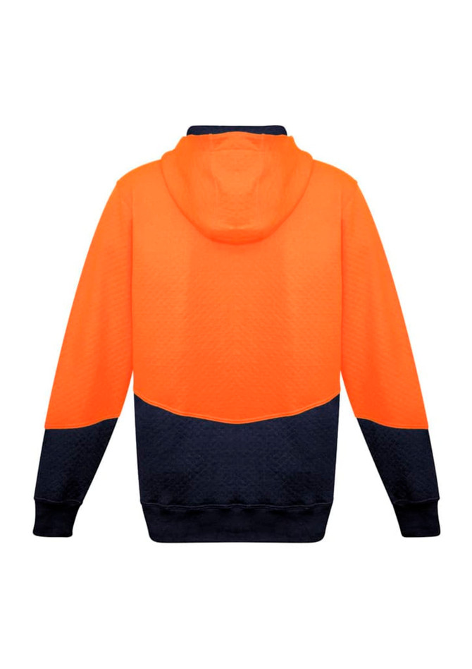 A unisex full zip hoodie in high visibility orange and navy, featuring a textured jacquard design and a hood.