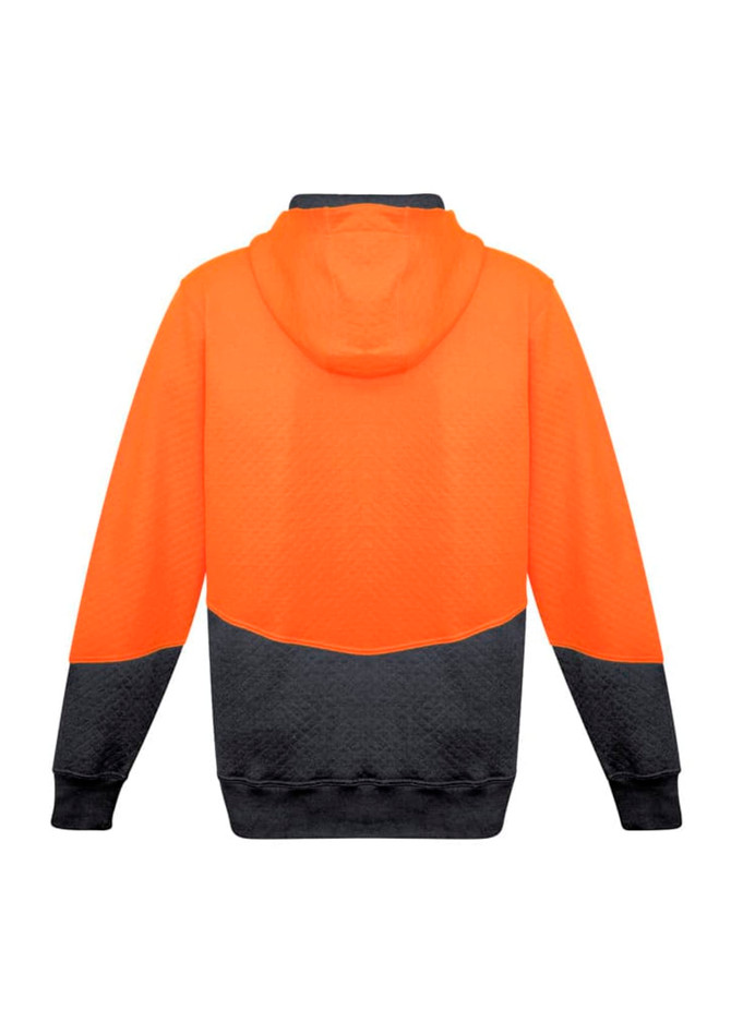 A unisex hoodie in high visibility orange with a textured pattern and black accents. It features a full zip and a hood.