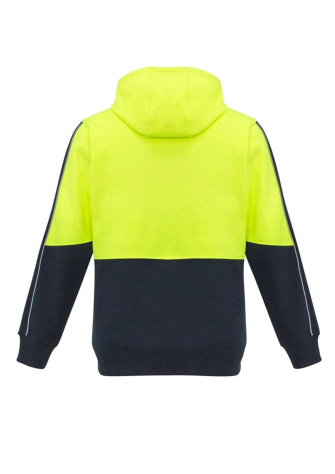 A unisex hi-vis pullover hoodie in bright yellow and navy, featuring a hood and colour-block design with a logo.