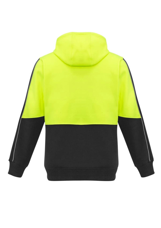 A unisex hi-vis pullover hoodie featuring a bright yellow upper and black lower section, with a hood and logo.