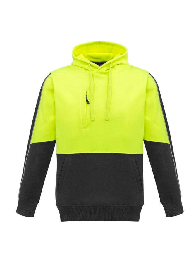 A unisex hi-vis pullover hoodie in bright yellow and black, featuring a logo on the front.