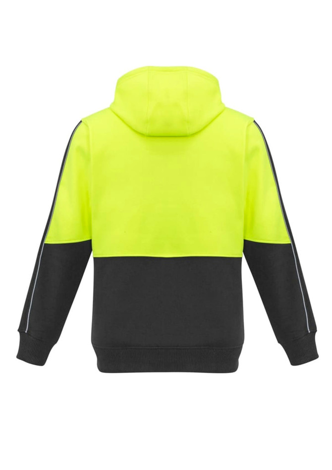 A unisex high visibility pullover hoodie in bright yellow and black, featuring a logo.