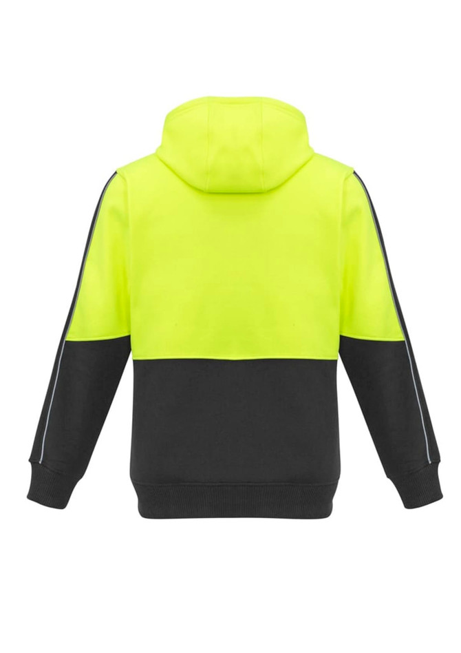 A unisex hi-vis full zip hoodie featuring a neon yellow upper and black lower portion, with a hood and branding.