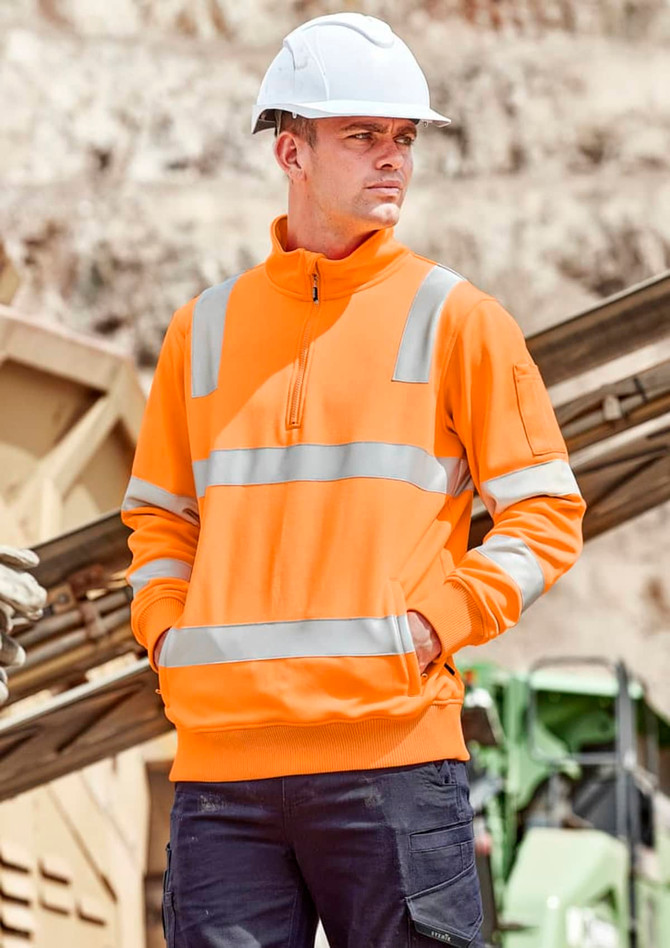 Unisex hi-vis orange pullover with reflective stripes, featuring a 1/4 zip and a logo on the sleeve.