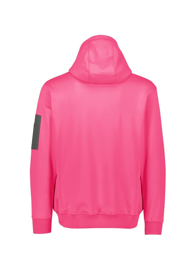 A bright pink unisex water-resistant hoodie with a hood and a patch on the sleeve.