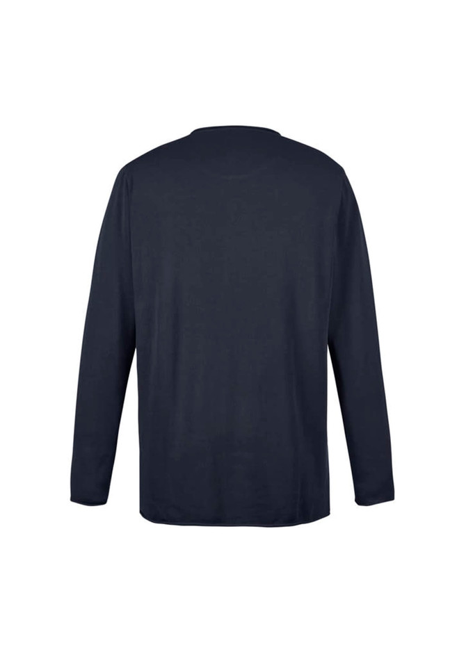 A navy unisex pullover hoodie with long sleeves and a back view. It features a logo.