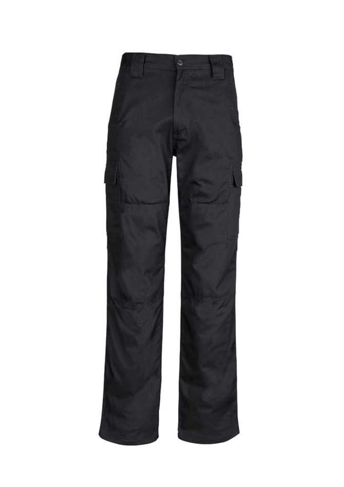 Men's midweight drill cargo pants in black, featuring multiple pockets and a straightforward design. Includes a logo.