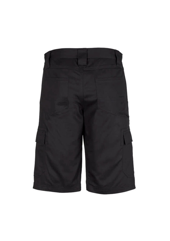 A pair of men's midweight drill cargo shorts in black, featuring multiple pockets and a branded logo.