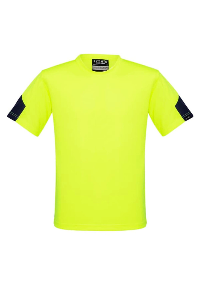 A bright yellow work t-shirt with dark navy blue sleeves and a logo on the front.