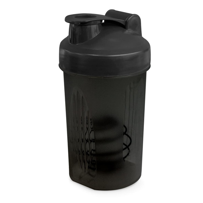 A drink bottle in dark grey with a secure lid and built-in mixing element, featuring a logo.