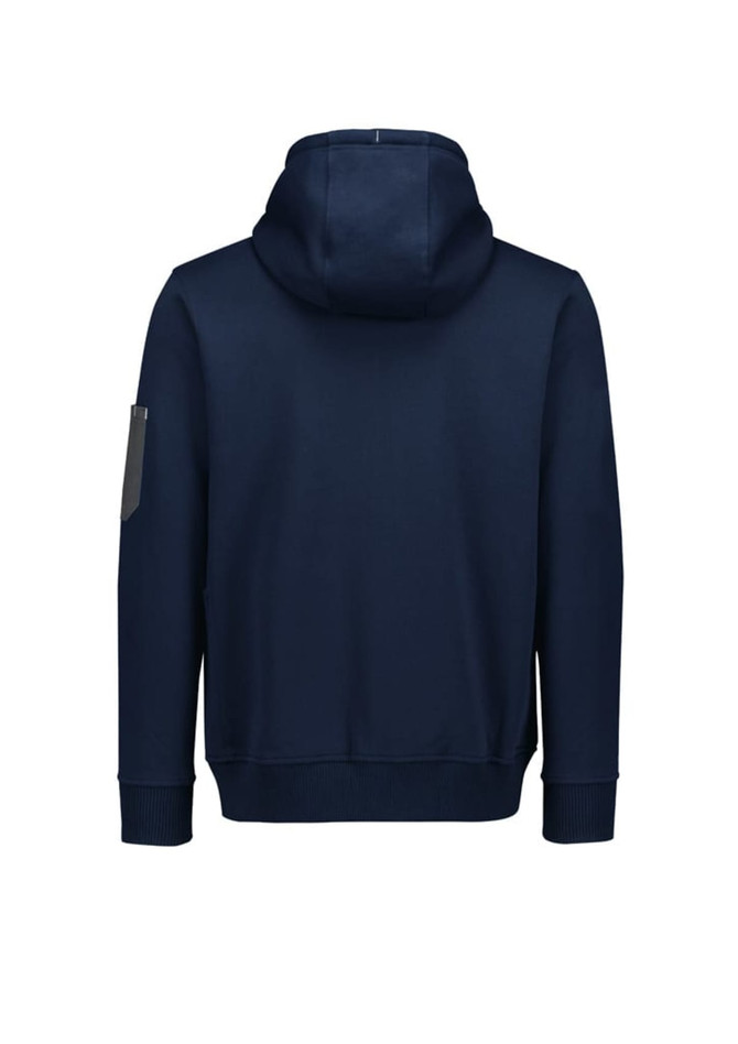 A navy unisex zip-front hoodie featuring a hood and a multi-pocket design, including a pocket on the sleeve.