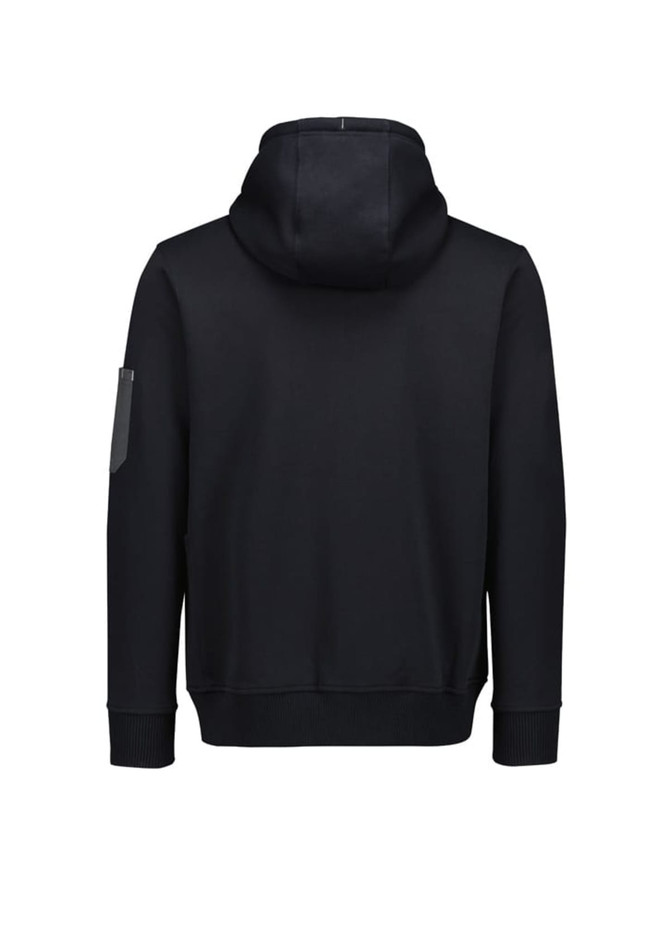 A black unisex zip front hoodie with a multi-pocket design and a hood, featuring a logo on the sleeve.