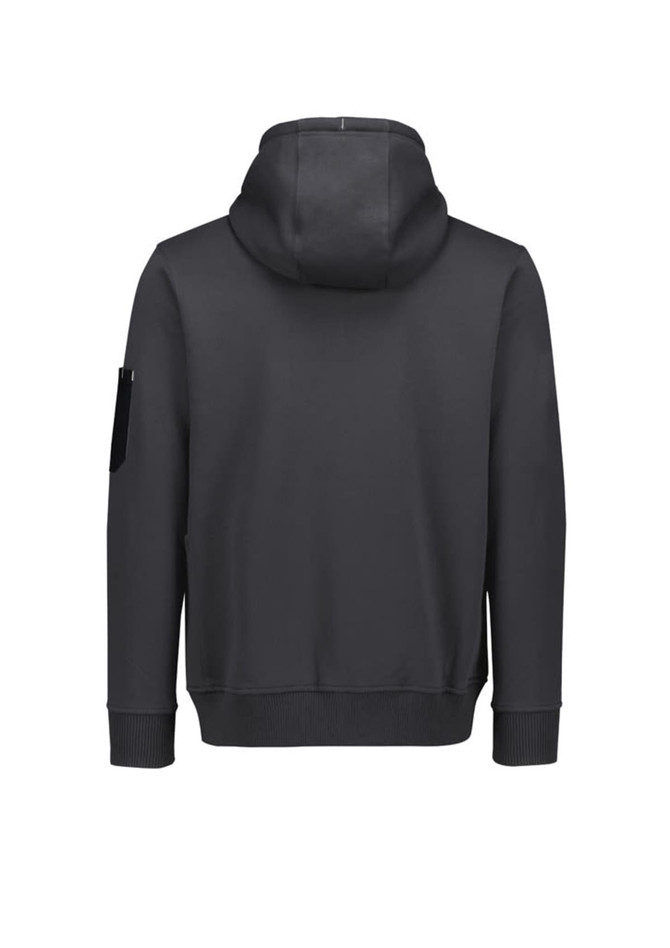 A unisex zip front hoodie in dark grey with multiple pockets and a hood, featuring a logo.