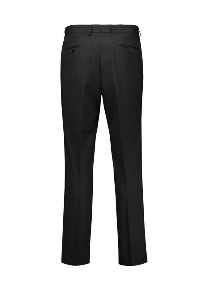 A pair of men's slim fit flat front pants in black, featuring back pockets and a tailored design.