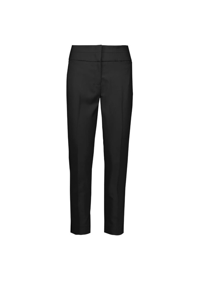 A pair of black mid-waist slim leg pants for women, featuring a tailored fit and sleek design.
