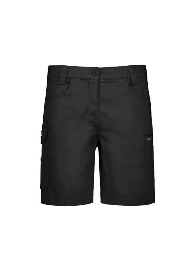 A black women's essential stretch cargo short with multiple pockets and a fitted waistband, featuring a logo.