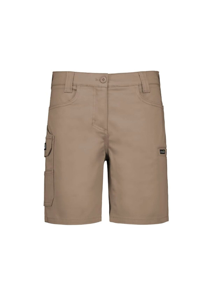 A pair of women's essential stretch cargo shorts in a light tan colour, featuring side pockets and a button closure.