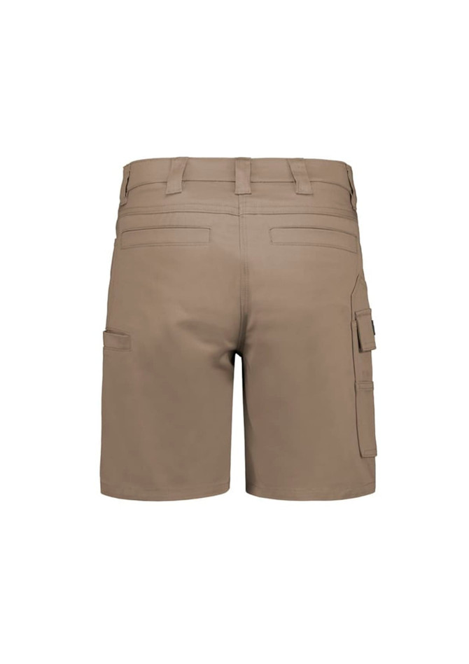 A pair of women's cargo shorts in khaki, featuring multiple pockets and a fitted design. The shorts have a logo.