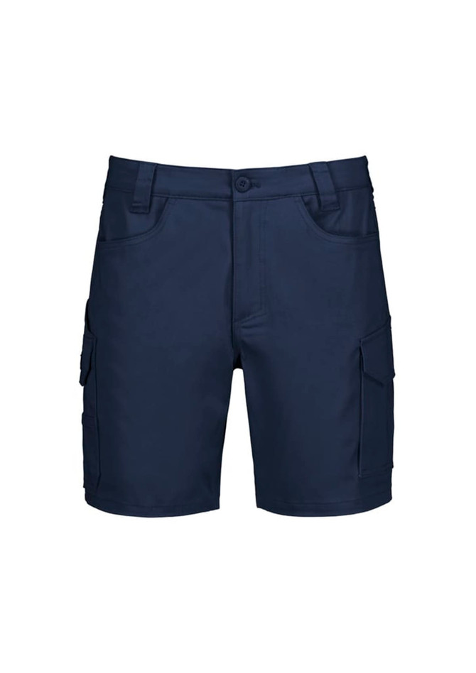 Men's essential stretch cargo shorts in navy blue, featuring side pockets and a logo.